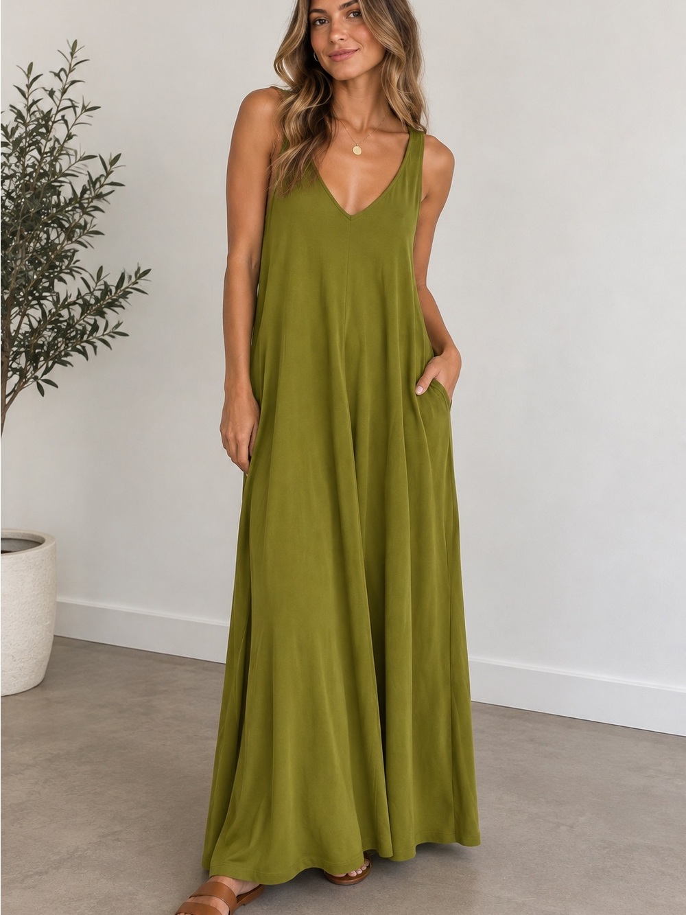 ASOS Design Olive Green Sleeveless V-Neck Maxi Dress